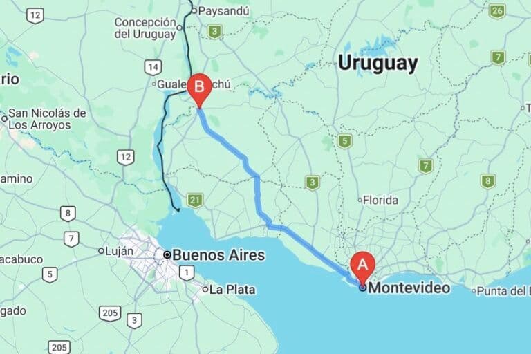 Route from Montevideo to Río Mate Lodge